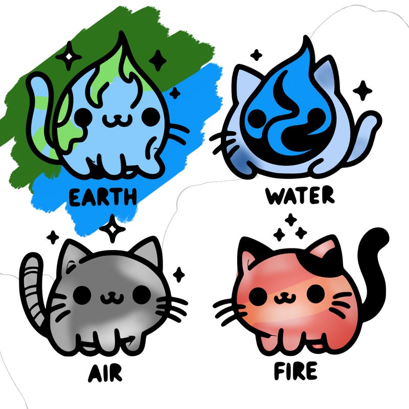 4 cats that represent the different elements, earth, water, air, and fire
