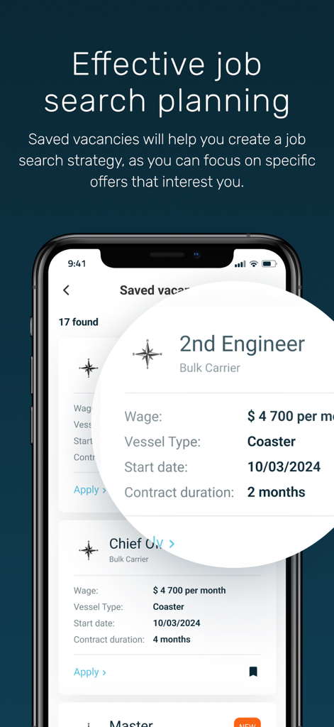 Maritime Zone: Seafarer Jobs - Interface of the Maritime Zone app showing saved job vacancies for seafarers including position details for a Second Engineer.