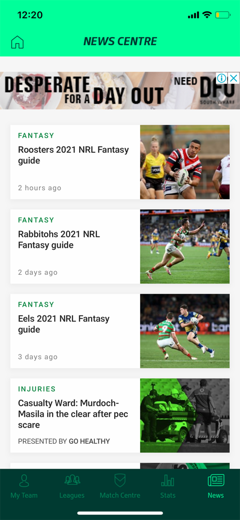 News Centre screen in the NRL Fantasy mobile app showing rugby news and team guides