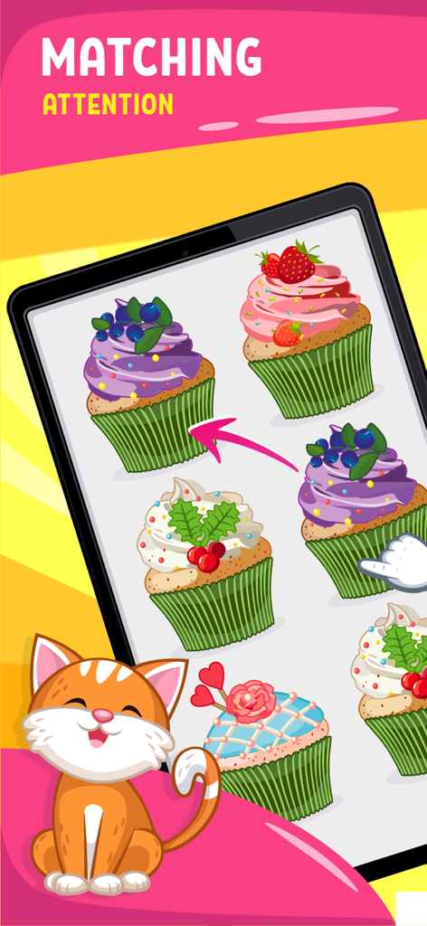 Pantalla de juego de emparejar para niños pequeños con coloridos cupcakes y un lindo personaje de gato para el desarrollo de la atención.