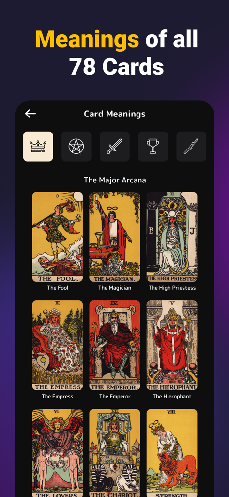Tarot Card Reading and Meaning - Interfaz de la aplicación de Tarot que muestra la sección de significados de las cartas del Arcano Mayor