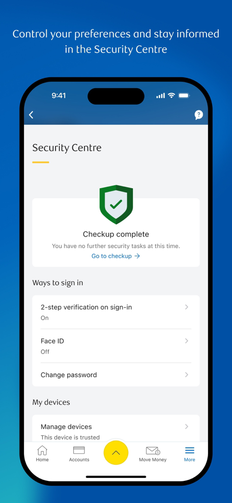 RBC Mobile Security Centre showing account security options and checkup status