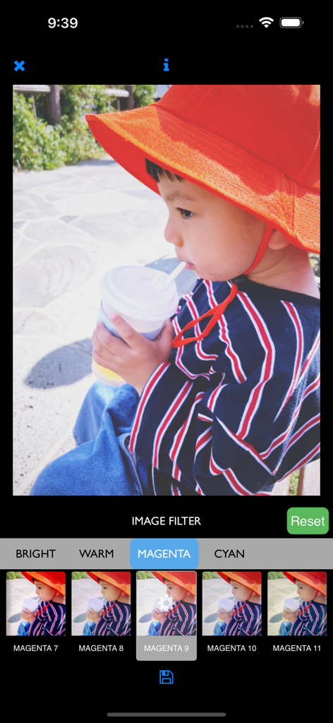 TAPCA - TAPCA app interface showing various magenta themed filters applied to a photo of a child