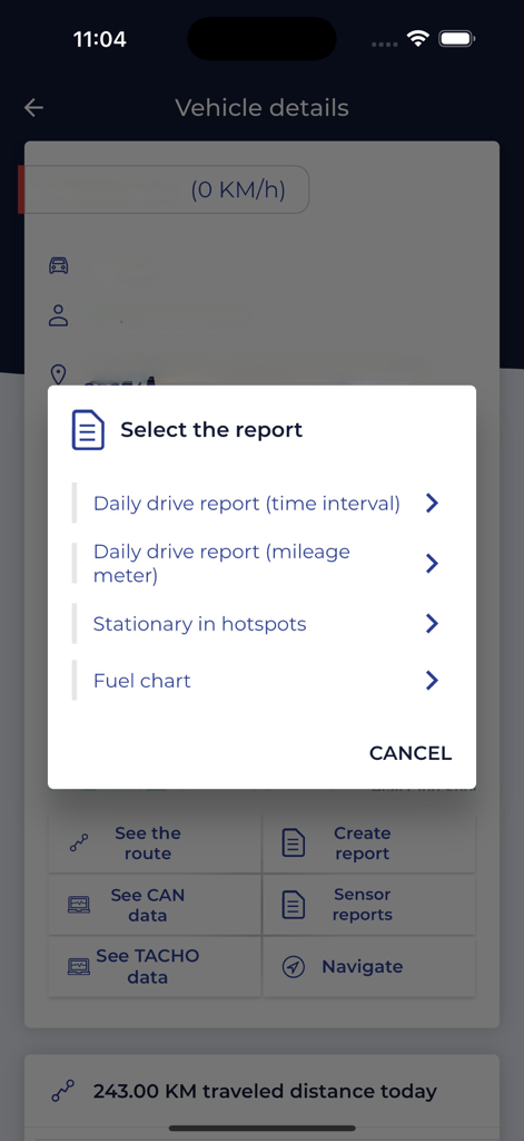 TrackGPS Fleet Management - TrackGPS mobile app showing a menu to select vehicle reports including fuel chart and daily drive reports