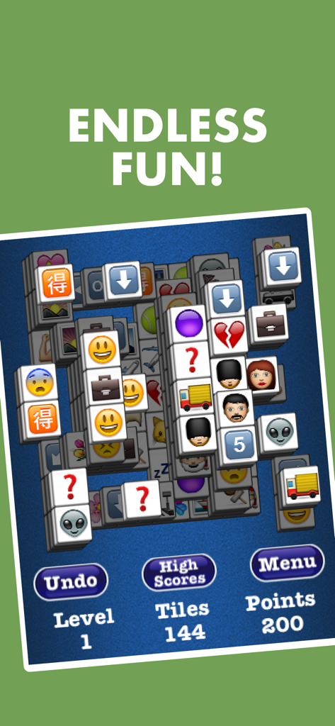 Pantalla del juego móvil Mahjong Jewels Solitaire con fichas de emoji y el encabezado 'diversión sin fin'.