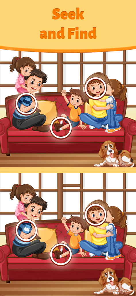 Differences Online—Find Games - Cartoon illustration of a family on a sofa in a spot the difference game