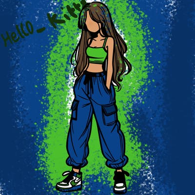 girl in baggy pants crop top and long hair