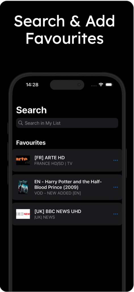 playr - iptv player - Search and favorites screen of playr IPTV app displaying a clean interface with a search bar and a list of favorited channels and movies on a smartphone.