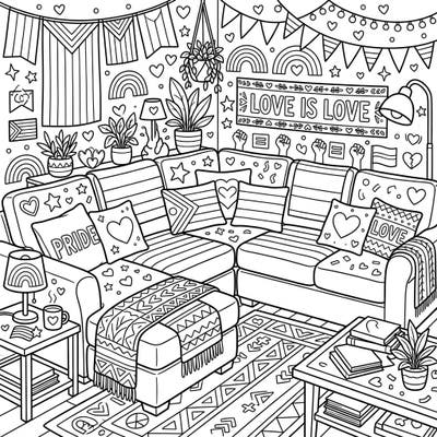 Dive into a vibrant celebration of love and diversity with this intricate Pride Month sectional sofa coloring page. Featuring cozy decor, rainbow elements, and uplifting messages, it’s a perfect way to express your creativity.