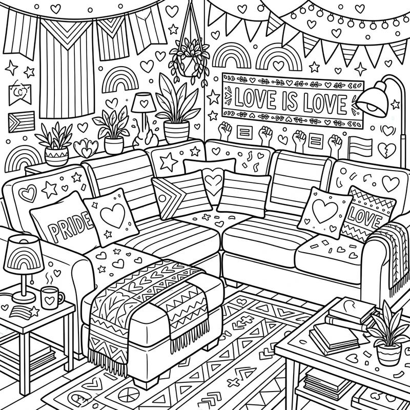 Dive into a vibrant celebration of love and diversity with this intricate Pride Month sectional sofa coloring page. Featuring cozy decor, rainbow elements, and uplifting messages, it’s a perfect way to express your creativity.