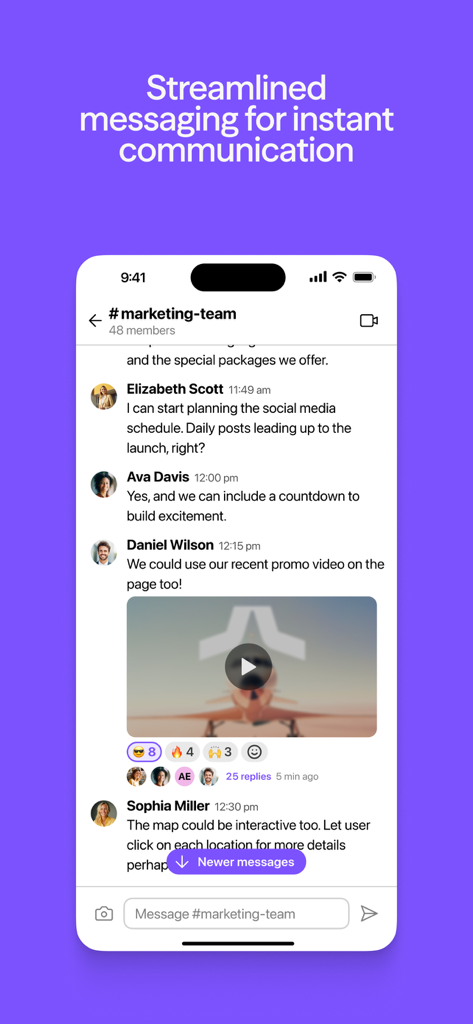 Dialpad app team messaging interface showing a marketing group chat with video and message reactions