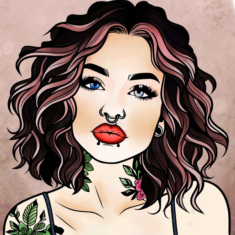 realistic woman with septum piercing and wavy hair and tattoos
