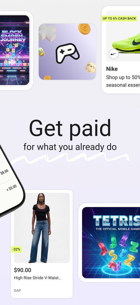 Karma app promotional screen featuring mobile games and discounted fashion items with the text Get paid for what you already do