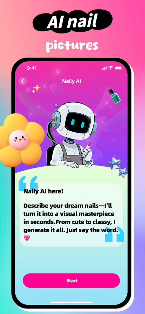 Interface of the Naily AI assistant in the Tiala app showing how to generate AI nail art designs from descriptions.