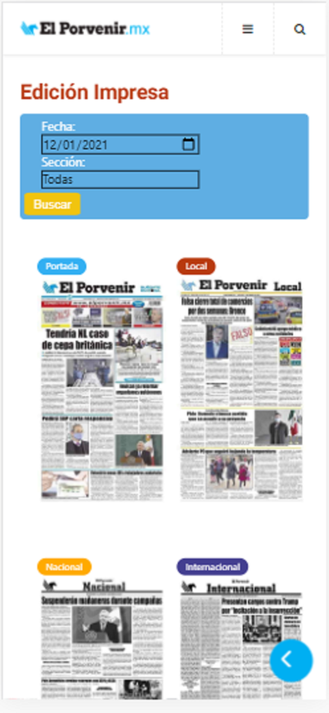 Mobile app screen showing the digital archive of the El Porvenir printed newspaper with date and section search options