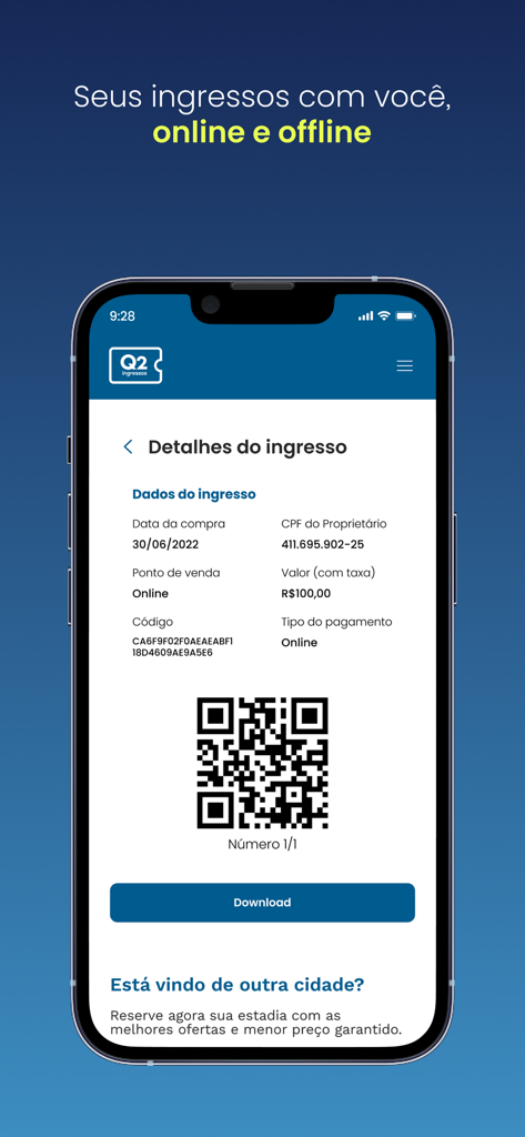 A digital ticket display in the Q2 Ingressos app showing ticket details and a QR code for event entry.