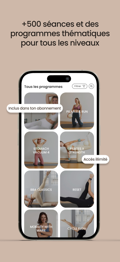 BBA Studio - Interface de l'application BBA Studio affichant une grille de programmes de fitness et de Pilates pour tous les niveaux.