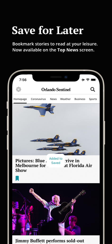 The Orlando Sentinel app displaying a saved news article about the Blue Angels on an iPhone.