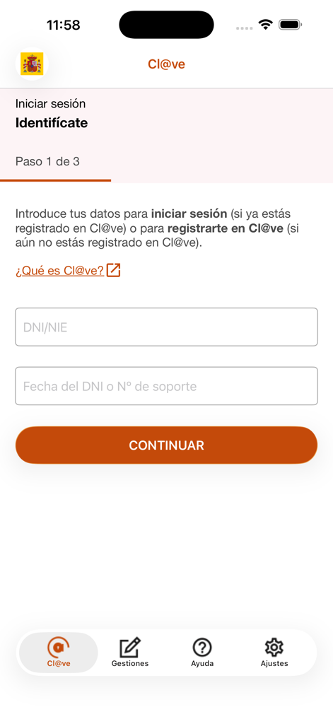 Tela de login do aplicativo de identificação Clave do governo espanhol