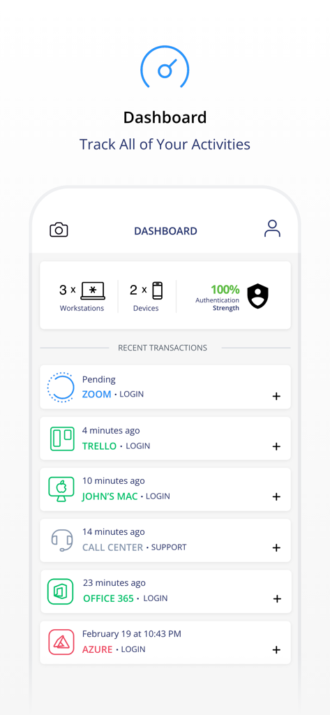 SecureAuth MFA - SecureAuth MFA mobile app dashboard showing login activity history and device security status