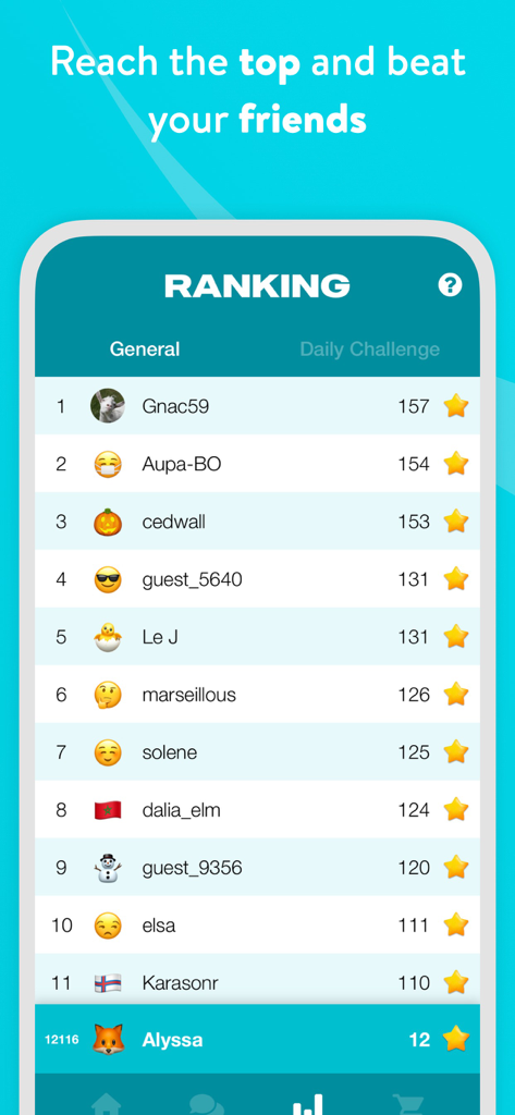 Contexto - The Original Game - A mobile leaderboard screen in the Contexto app showing player rankings and scores for the general challenge.