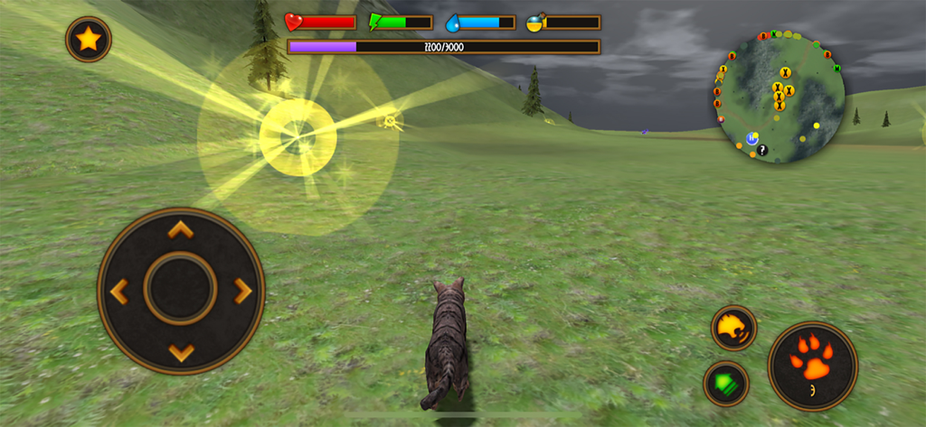 A tabby cat using a glowing magic spell in a 3D open world environment