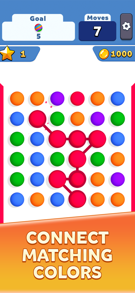 Mobile puzzle game screen showing a player connecting matching red dots in a grid to clear the board.