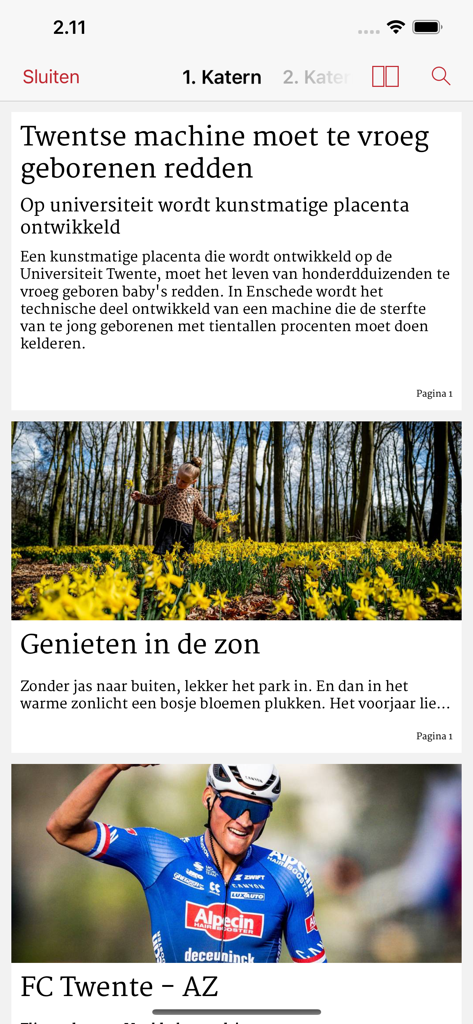 Interfaz de la aplicación del periódico digital Tubantia que muestra una lista de artículos de noticias y deportes regionales.