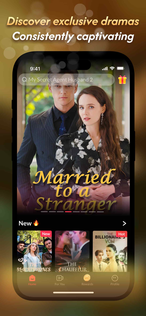 MomeShort - dramas & storyline - Pantalla de inicio de la aplicación MomeShort que presenta dramas cortos exclusivos como 'Married to a Stranger'.