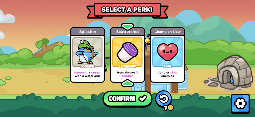 Waddle Wars: Roguelike Defense - Pantalla de jugabilidad de Waddle Wars mostrando una elección entre tres ventajas estratégicas para mejorar las defensas del héroe pingüino