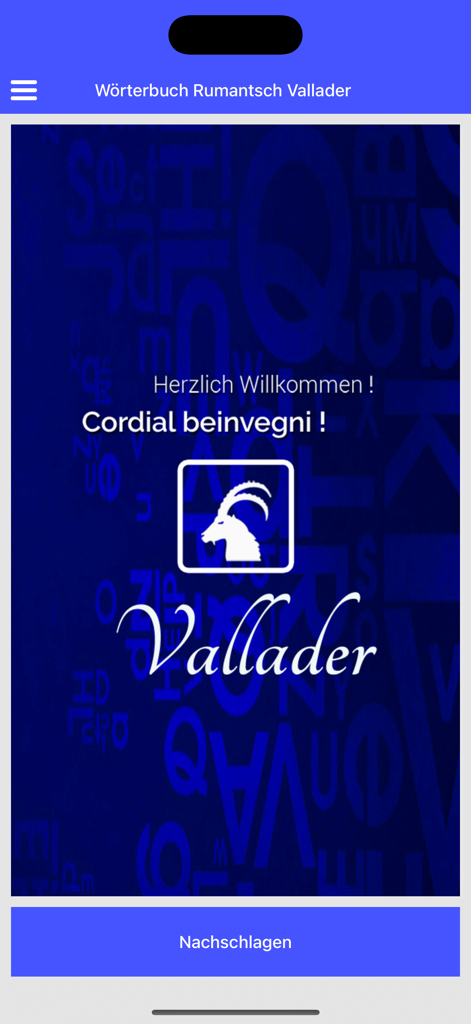 Home screen of the Romansh Vallader dictionary app featuring a welcome message and an ibex icon