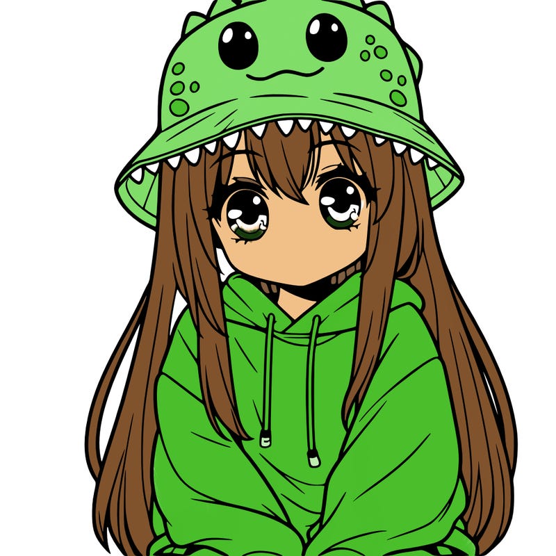 girl with anime shaped eyes with a dinosaur bucket hat oversized sweatshirt long straight hair