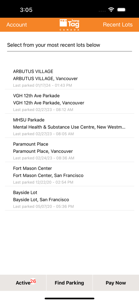 hangTag Canada: Park & Go - hangTagカナダアプリの最近の駐車場所履歴画面