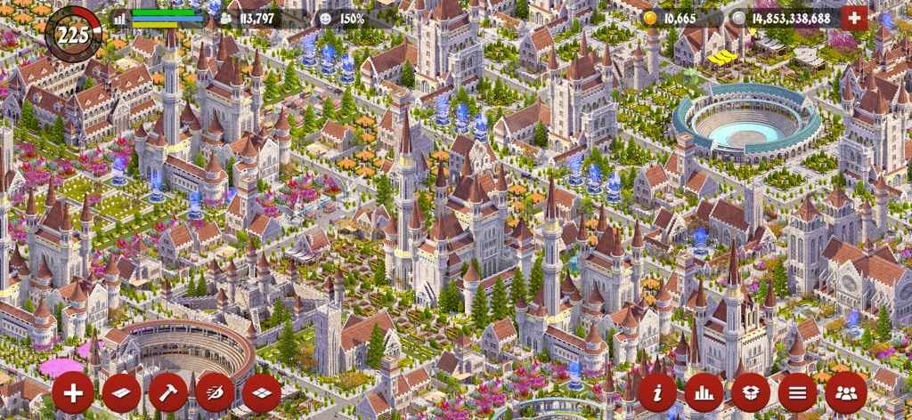 Designer City: Medieval Empire - An expansive overhead view of a flourishing medieval fantasy kingdom with detailed castles gardens and an arena