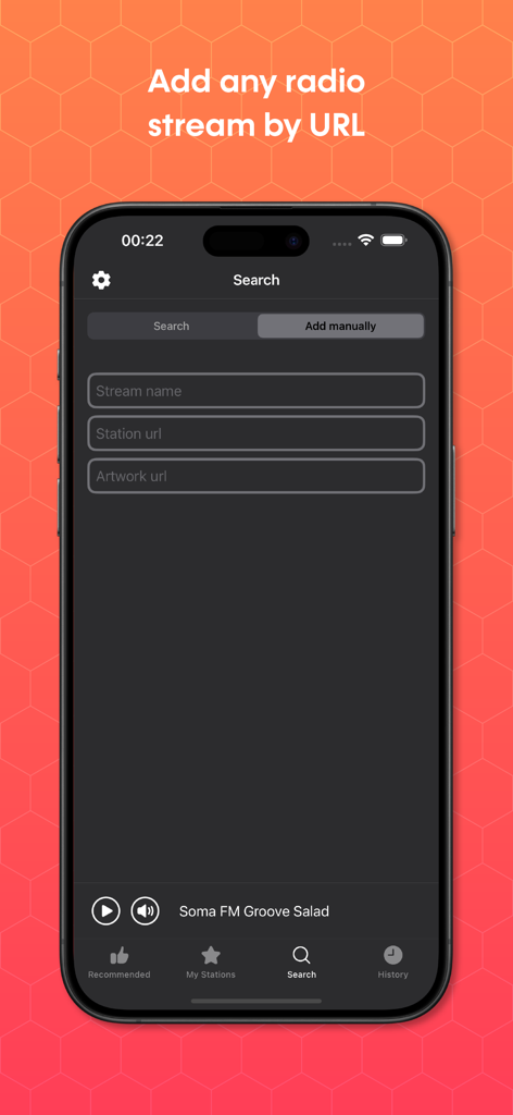 User interface of Eter app for adding a custom radio station manually using a stream URL.