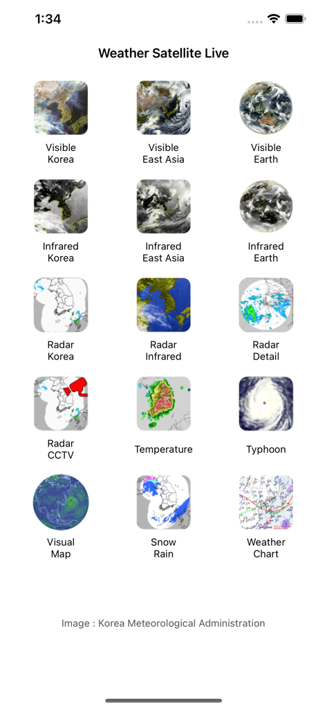 Wetter Satellit Live App-Menü mit Satellitenradar- und Taifun-Verfolgungsoptionen