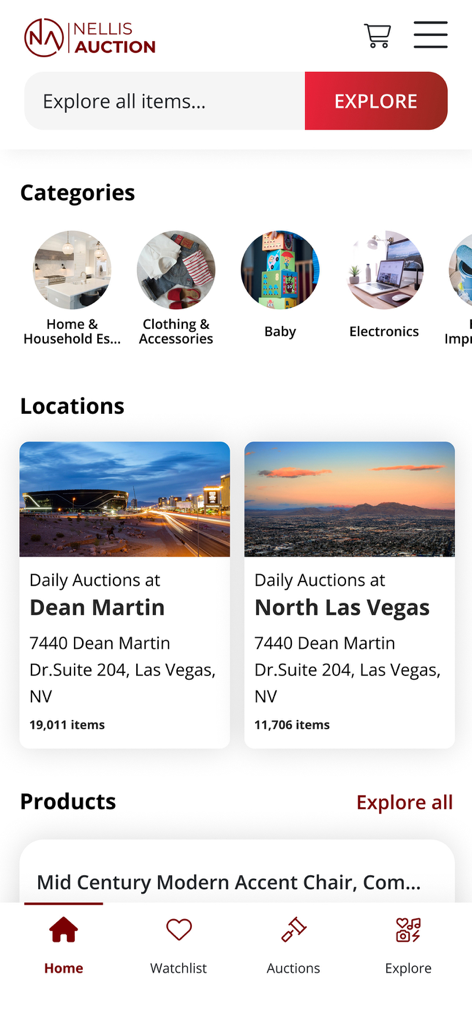 Nellis Auction - La pantalla de inicio de la aplicación Nellis Auction que muestra categorías de compras y ubicaciones de recogida de subastas locales en Las Vegas