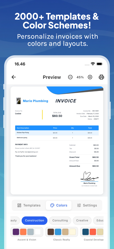 MB Invoice Maker - MB Rechnungs-Ersteller App-Oberfläche, die Rechnungsanpassung mit verschiedenen Vorlagen und Farbschemata zeigt