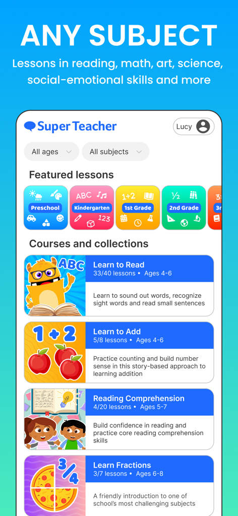 Super Teacher app interface showing a variety of educational courses for reading and math
