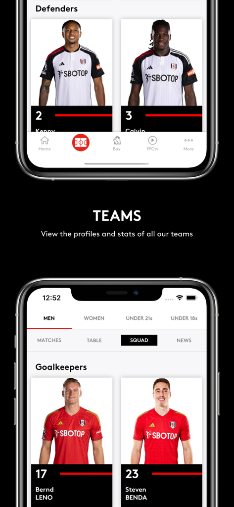 Official Fulham FC App - Official Fulham FC App squad section displaying player profiles for defenders and goalkeepers
