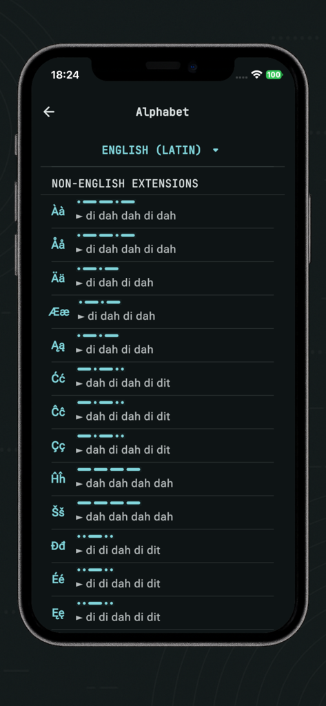 Morse Code Communicator - Morse code alphabet screen displaying non-English character extensions and their dot-dash patterns