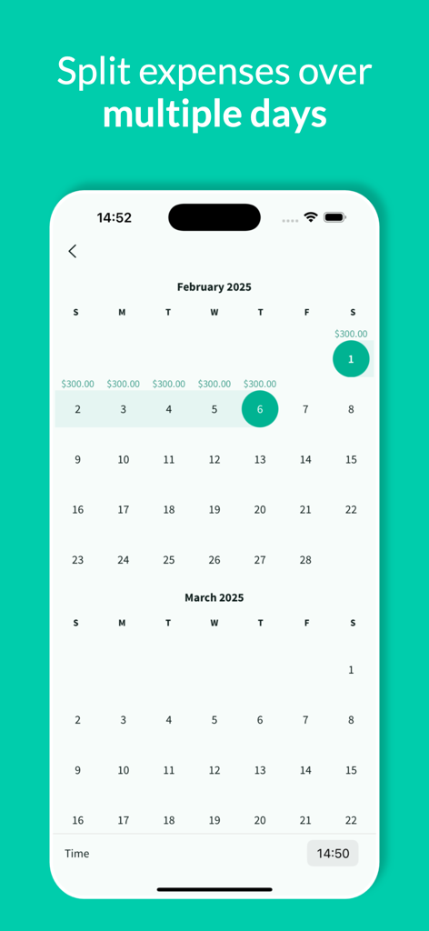 Tripcoin - Travel budget - Tripcoin app screen showing a calendar view for splitting travel expenses over multiple days