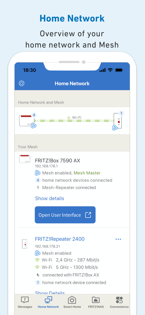 MyFRITZ!App - Vista general de la red doméstica y mesh de MyFRITZ!App que muestra los dispositivos conectados