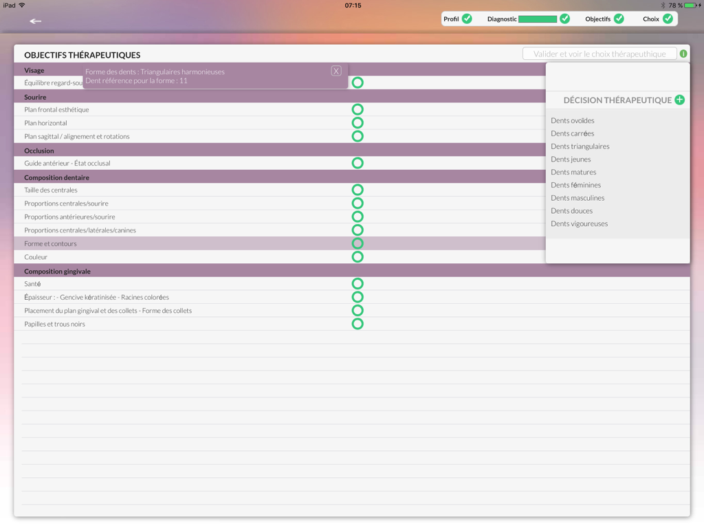 Therapeutic objectives and dental treatment planning dashboard on the EASY Esthetic Analysis iPad app.