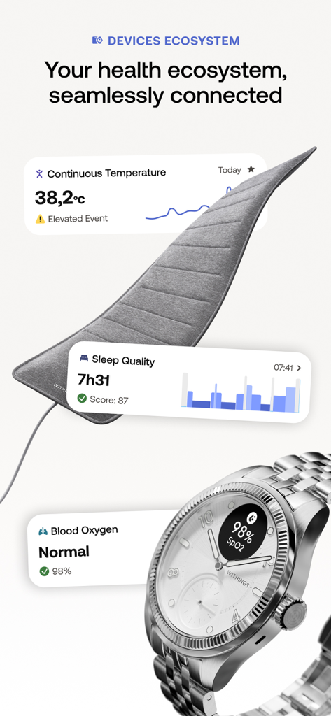 Withings Health Ökosystem zeigt eine Smartwatch und eine Schlaf-Tracking-Matte mit Daten für Temperatur, Schlafqualität und Blutsauerstoff