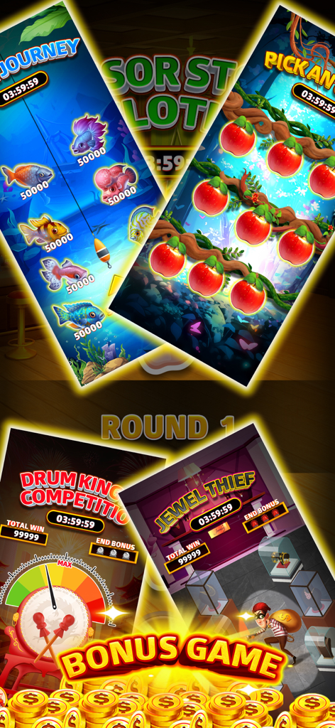 Hunter Slot - A preview of different bonus game modes in Hunter Slot including fishing and jewel thief rounds.