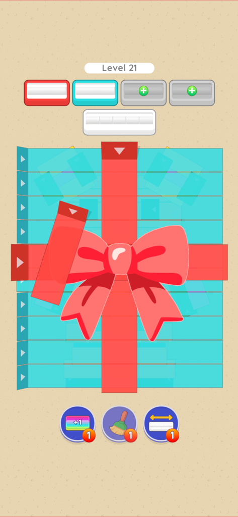 Untape - Untape mobile game level featuring a red bow and blue tape strips to peel