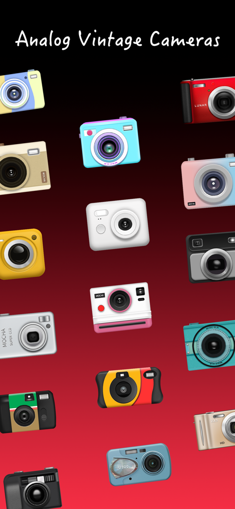A collection of colorful analog and vintage camera illustrations from the Dazz Cam app interface
