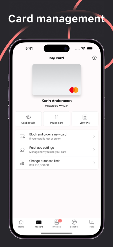 Spendwise - Spendwise mobile app screen for managing credit card settings and security