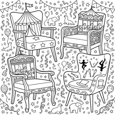 Discover a parade of unique accent chairs, each transformed into a miniature carnival scene ready for your creative touch. This delightful coloring page combines elegant furniture with the playful spirit of the circus.